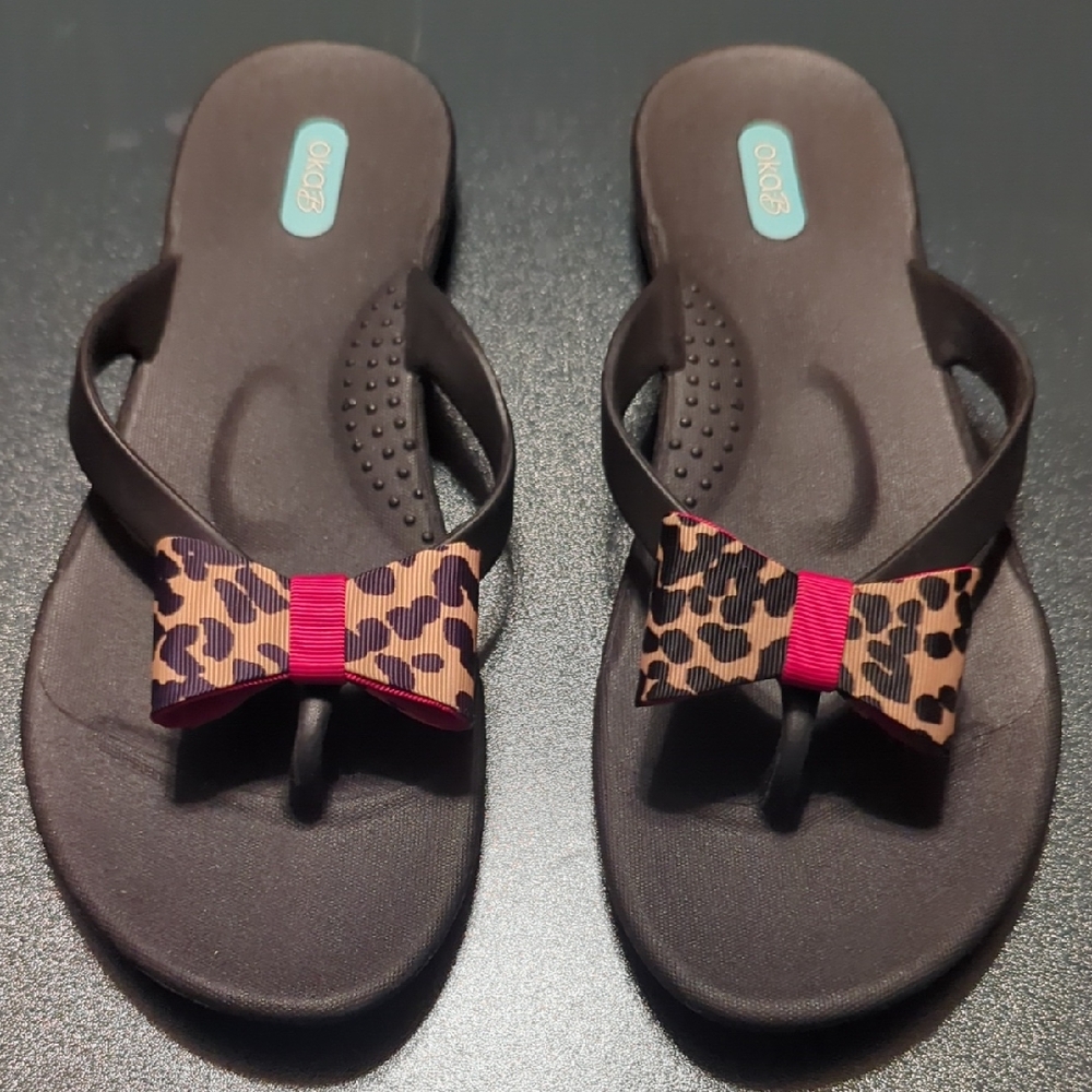 OKA b. Black Sandals with Leopard and Pink Bow